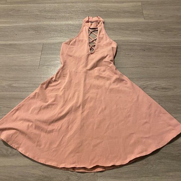 Express pink cotton halter open back fit and flare dress size extra small - Picture 1 of 9